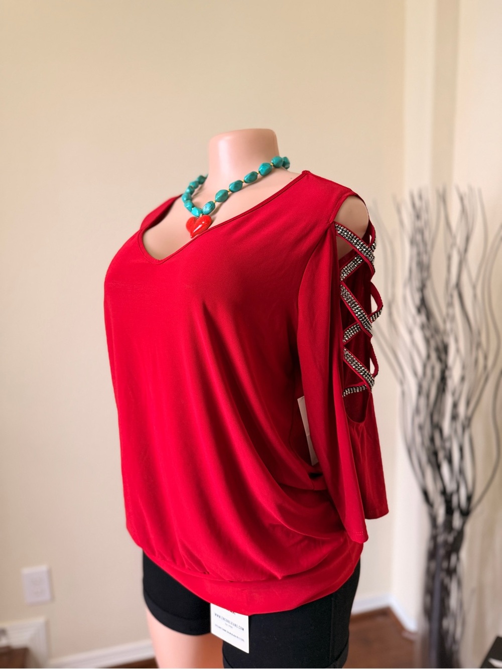 PerSeption Concept Red Cold-Shoulder V-Neck Top with Crisscross Sleeve Detail